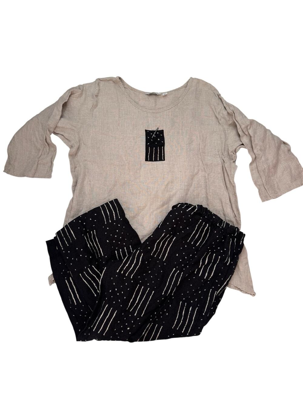 LIZ AND JANE Black Tan Abstract Flag 100% Linen Outfit Size XL Pants Top Pull-on